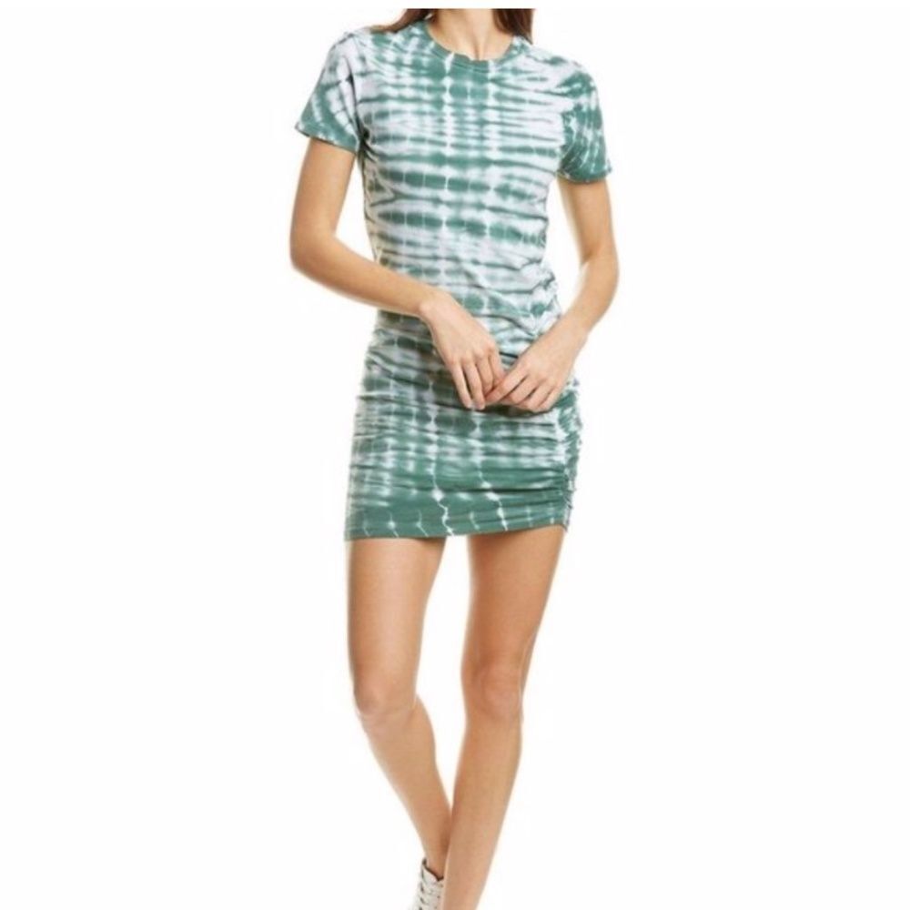 NWOT Monrow Green & White Shirred Alligator Tie Die Mini T-Shirt Dress - Size XS
